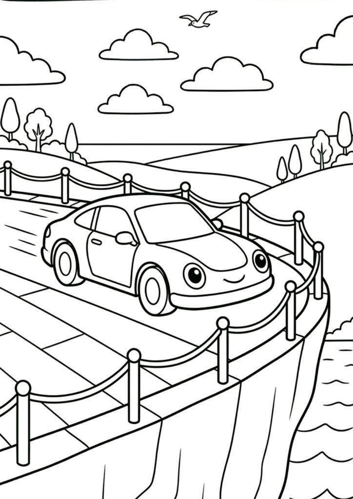 Auto an der Küste - Ausmalbild zum Herunterladen