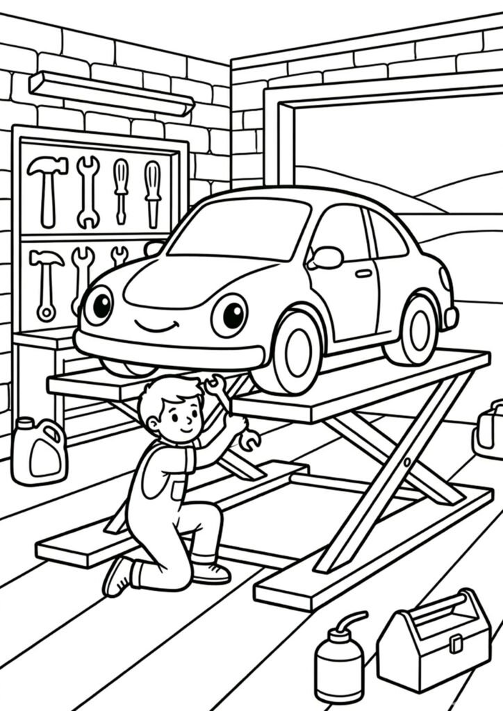 Auto in der Werkstatt - Malvorlage zum Ausdrucken