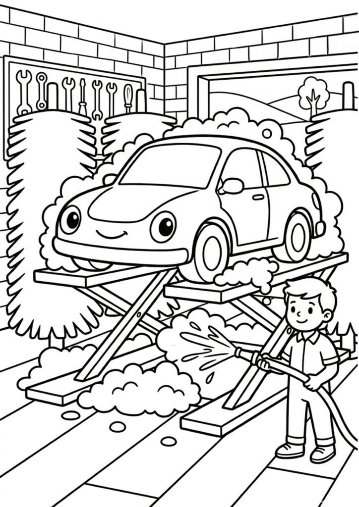 Auto in Waschanlage - Malvorlage
