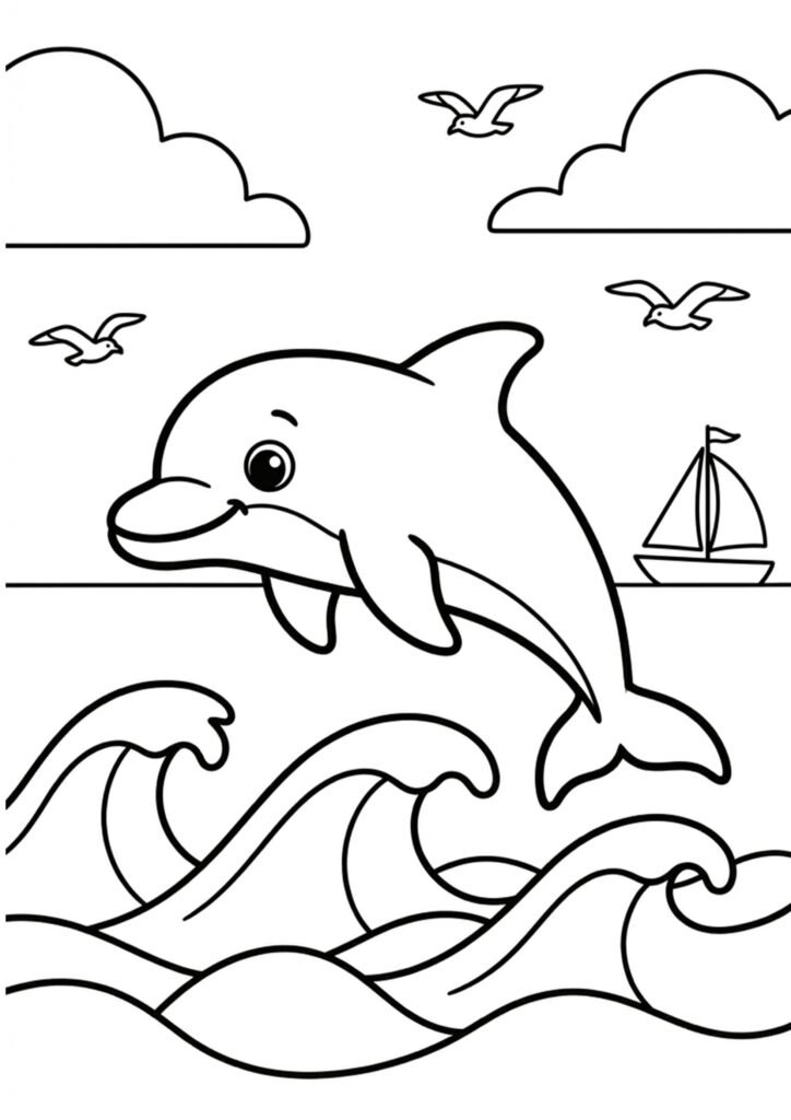 Delphin springt über die Wellen - Kostenloses Ausmalbild
