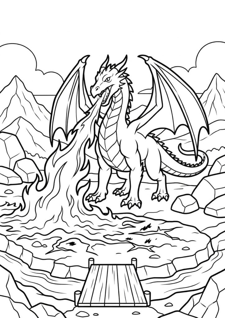 Ein feuerspeiender Drache - Malvorlage zum Ausdrucken