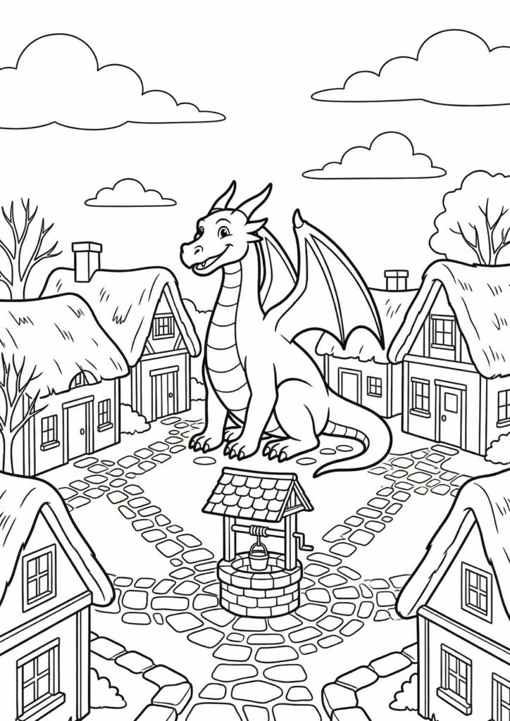 Ein Drache in einem Dorf