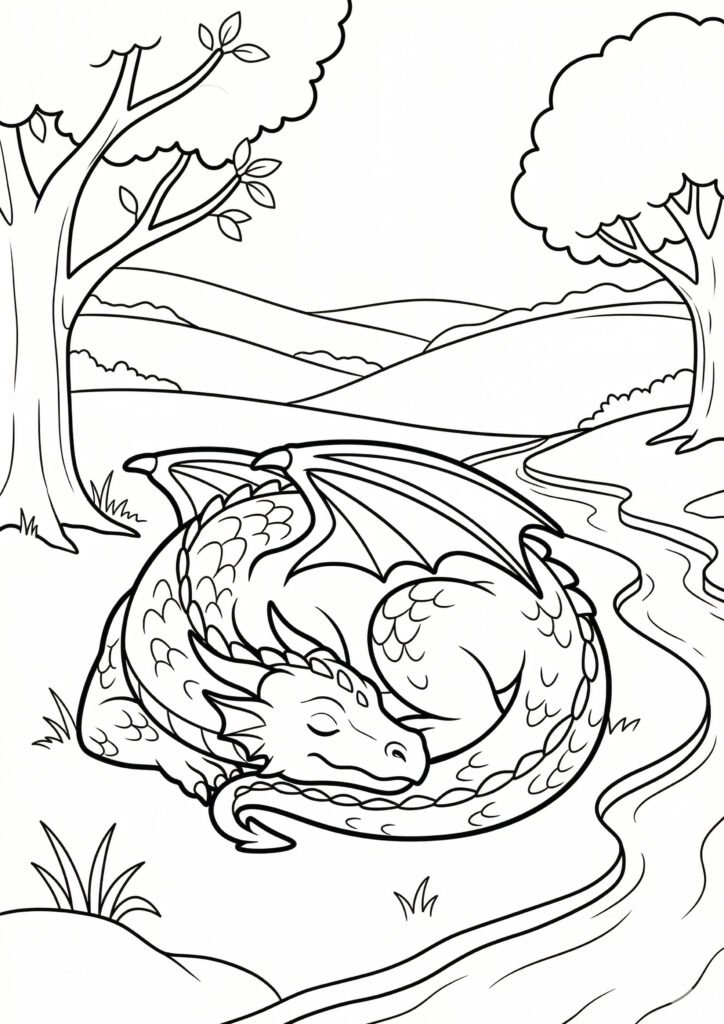 Der schlafende Drache - Malvorlage zum Ausdrucken