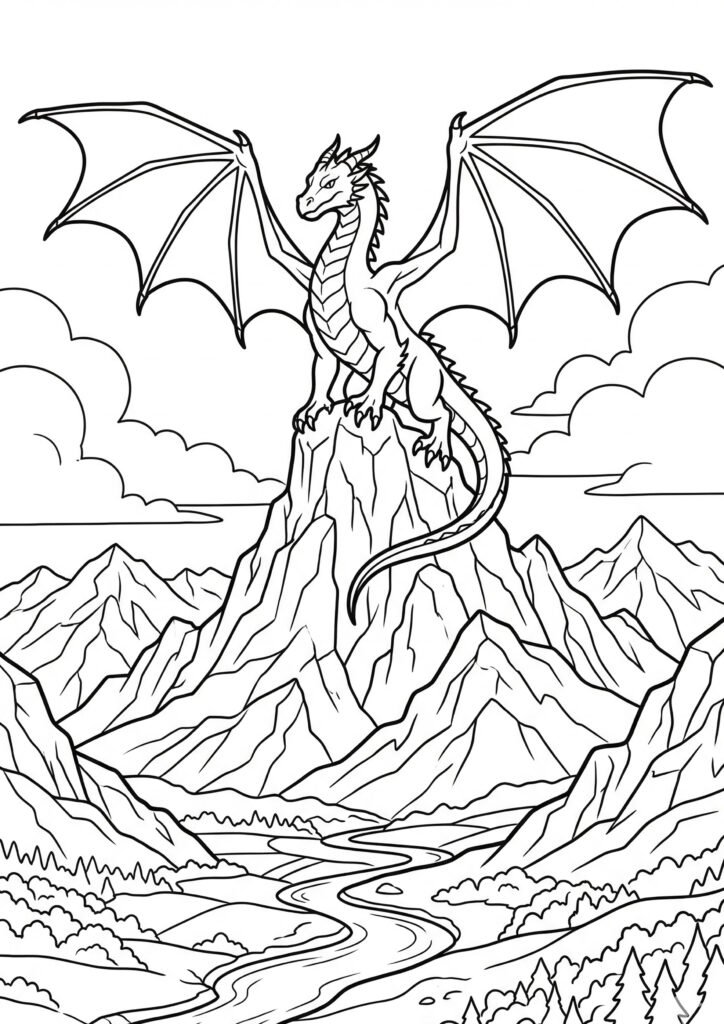 Drache auf dem Berggipfel - kostenloses Ausmalbild