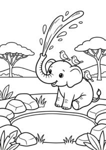 Ein Elefant spritzt Wasser - Ausmalbild