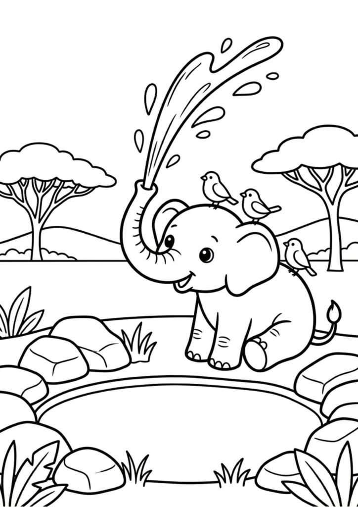 Ein Elefant spritzt Wasser - Ausmalbild
