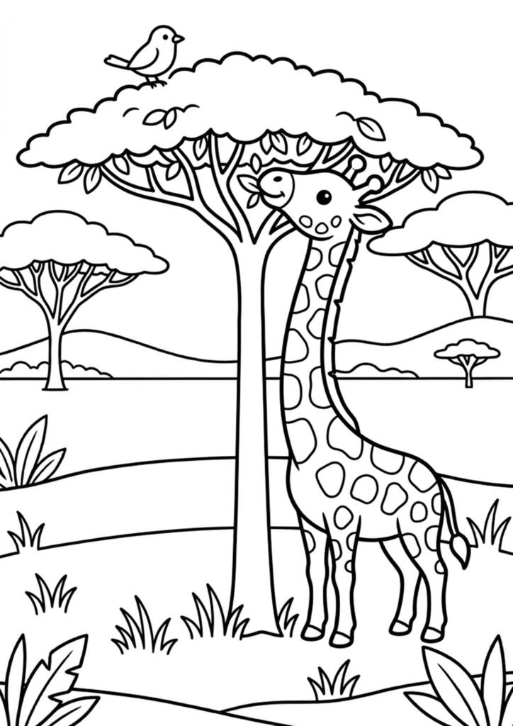 Giraffe beim Fressen - Ausmalbild zum Ausdrucken