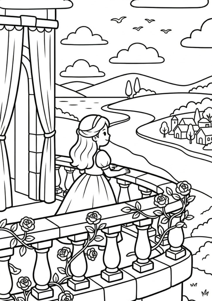 Prinzessin auf dem Balkon - Ausmalbild