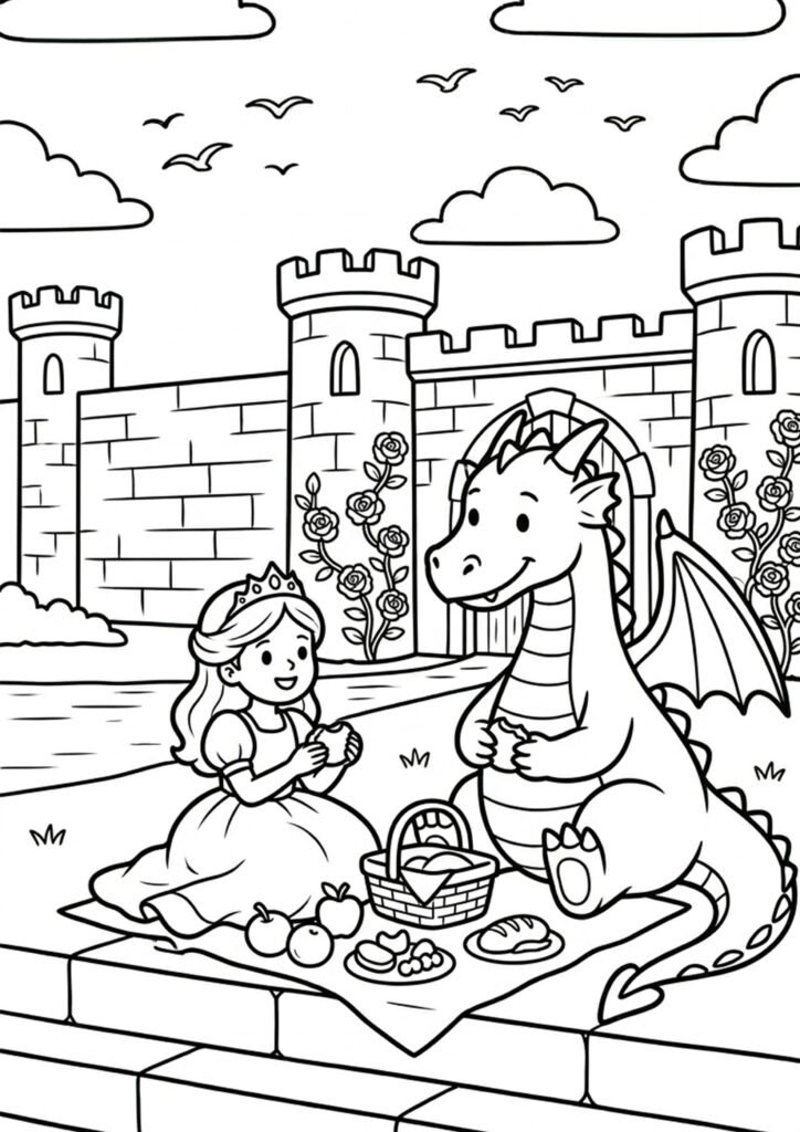 Prinzessin mit Drachen - Malvorlage zum Ausdrucken