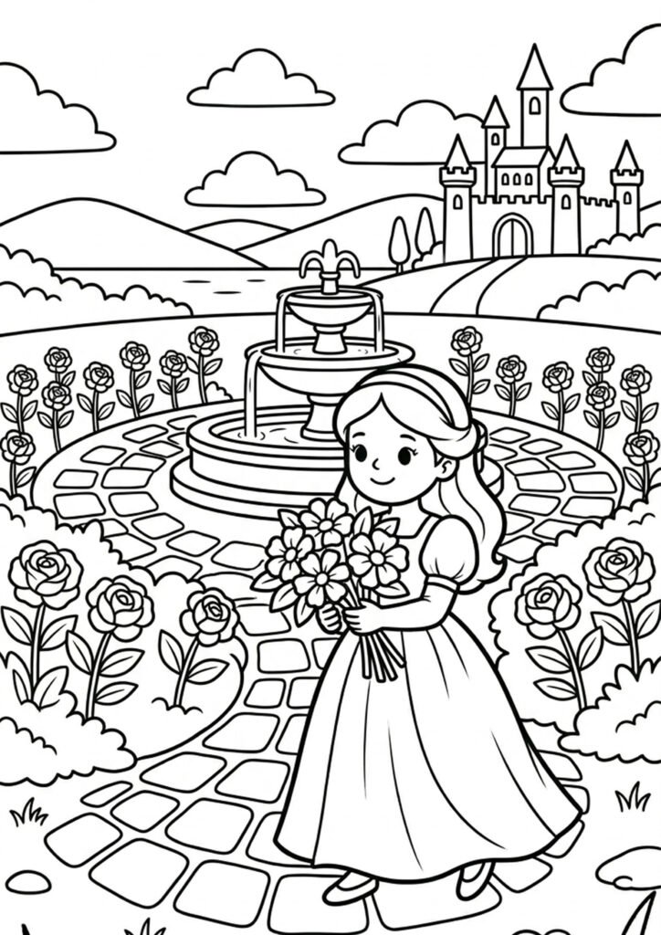 Prinzessin im Garten - kostenlose Malvorlage