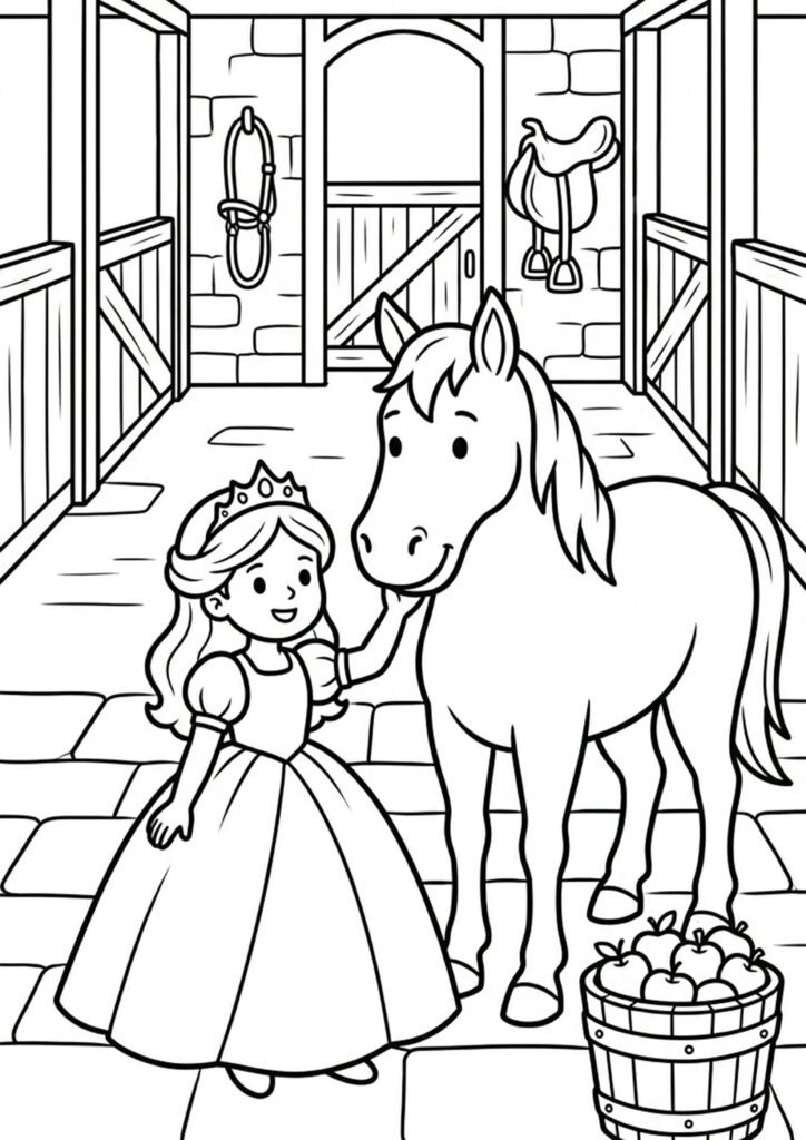 Prinzessin mit ihrem Pferd - Ausmalbild zum Ausdrucken