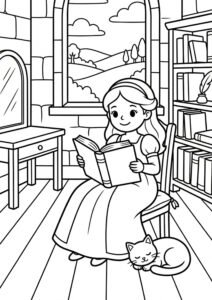 Prinzessin beim Lesen - Ausmalbild zum Ausdrucken