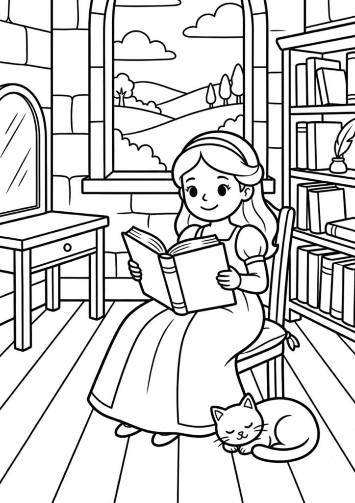 Prinzessin beim Lesen - Ausmalbild zum Ausdrucken