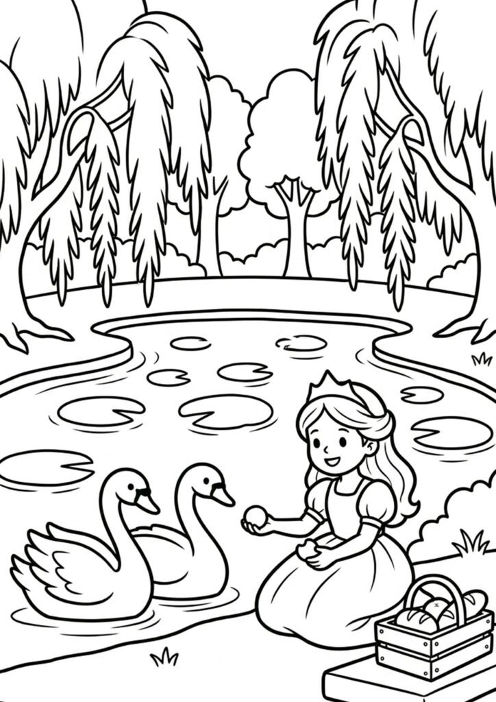 Prinzessin mit Schwänen - kostenloses Ausmalbild