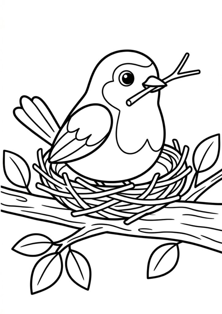 Frühling Ausmalbild - Vogel baut ein Nest
