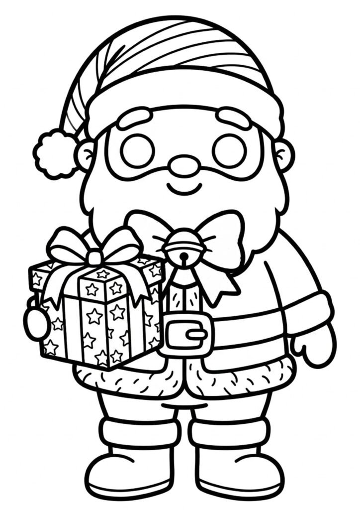 Weihnachtsmann mit Geschenk - Malvorlage zum Ausdrucken