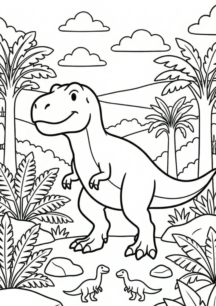 Dinosaurier-Malvorlage zum kostenlosen Ausdrucken. T-Rex im Dschungel - Ausmalbild