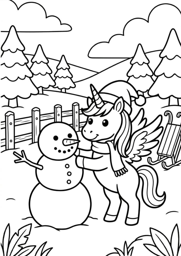 Einhorn baut einen Schneemann - Ausmalbild