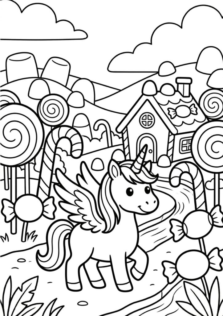 Einhorn im Zuckerland - Ausmalbild zum Ausdrucken