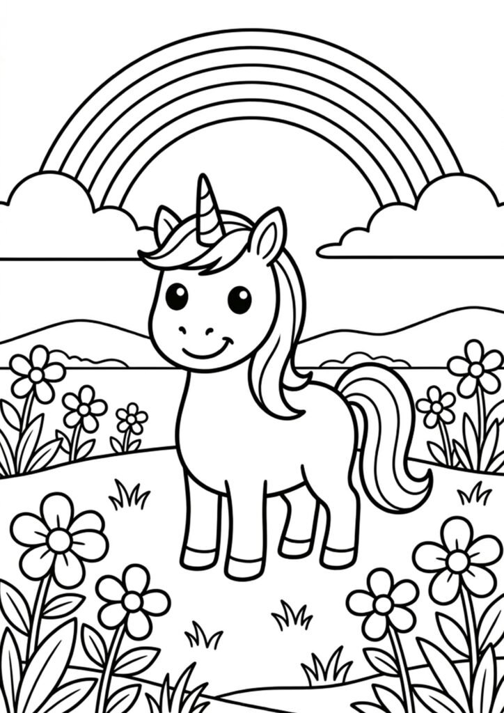 Einhorn mit Regenbogen - Malvorlage zum Ausdrucken