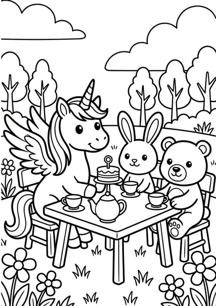 Einhorn-Tee-Party kostenlose Malvorlage