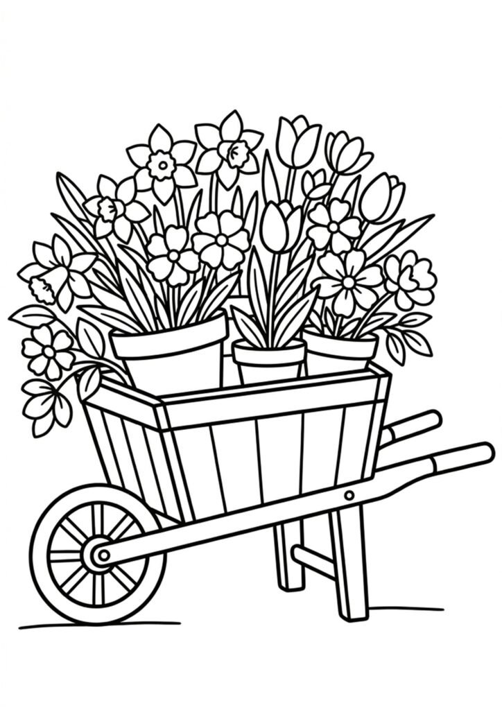 Schubkarre mit Blumen - Frühling Ausmalbild zum Ausdrucken