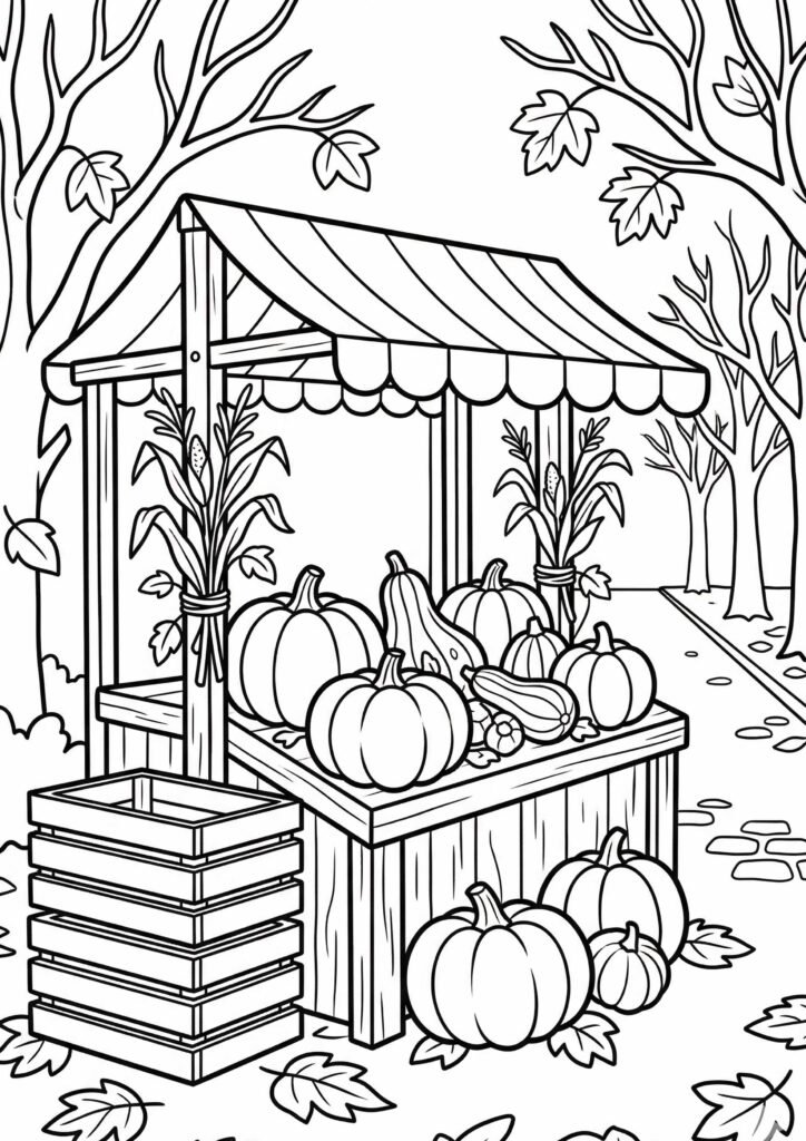 Herbstmarktstand - Ausmalbild zum Ausdrucken