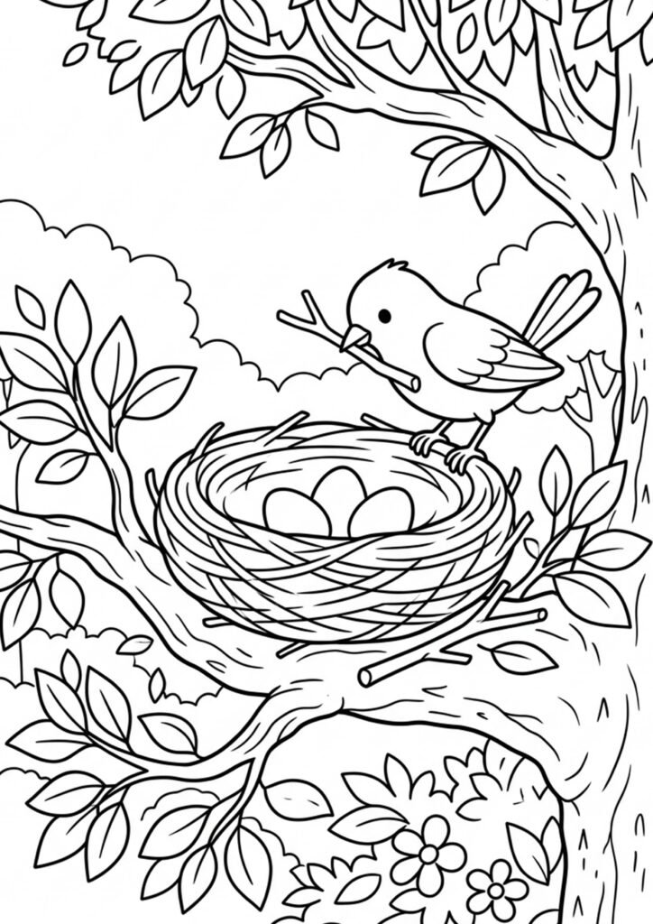 Vogel baut ein Nest - kostenloses Ausmalbild