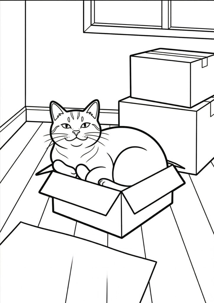 Katze in einer Kiste - Malvorlage
