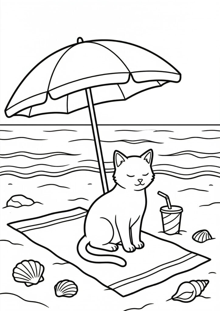 Katze am Strand - kostenloses Ausmalbild