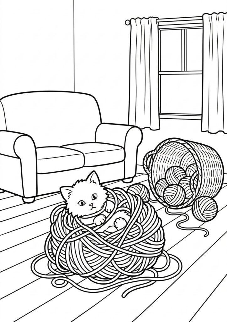 Katze spielt mit Wolle - Ausmalbild zum Ausdrucken
