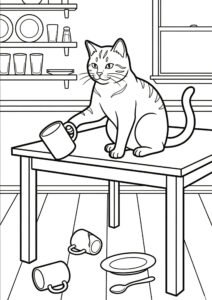 Katze schiebt Dinge vom Tisch - Ausmalbild