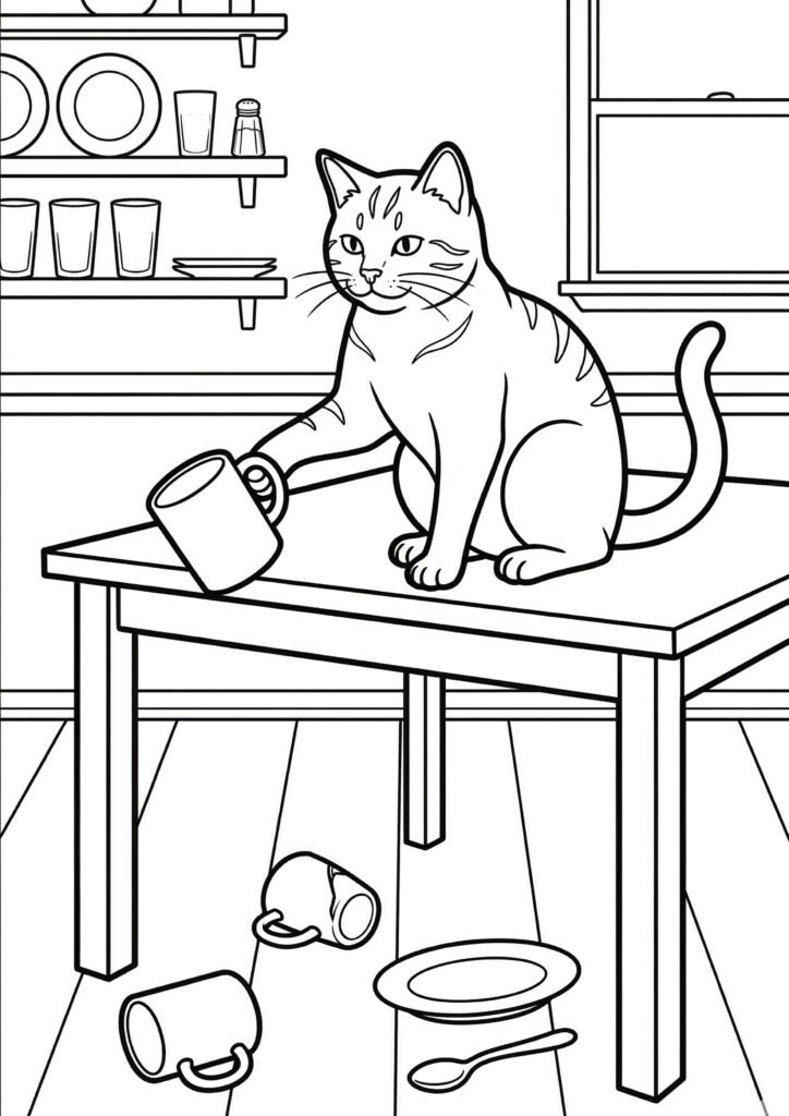 Katze schiebt Dinge vom Tisch - Ausmalbild