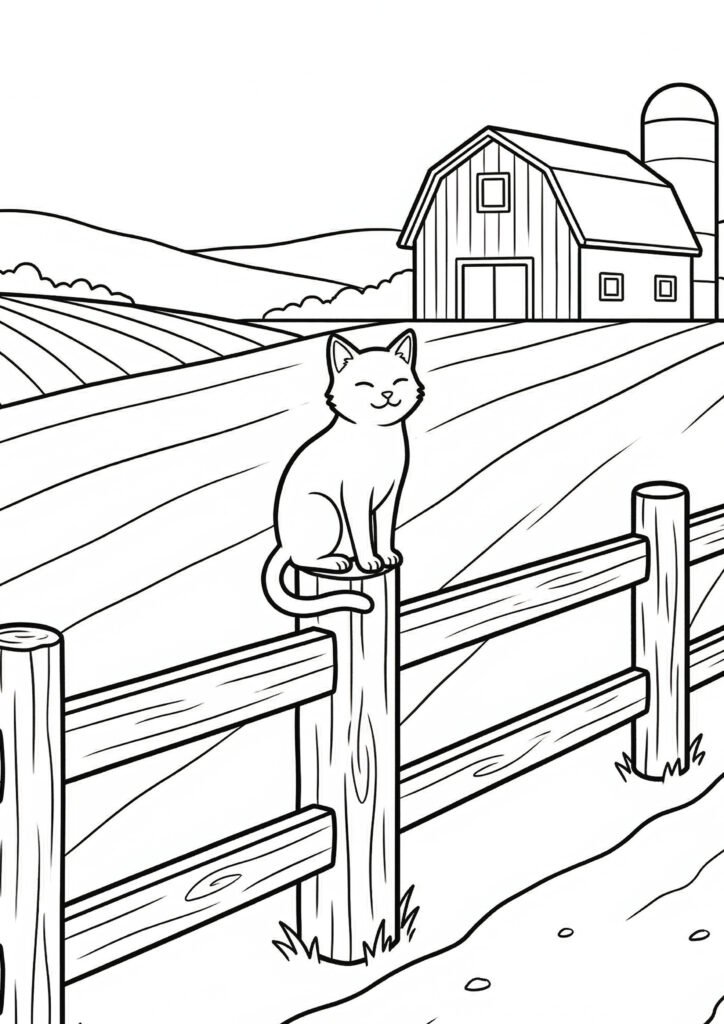Katze sitzt auf einem Zaun - Ausmalbild zum Ausdrucken