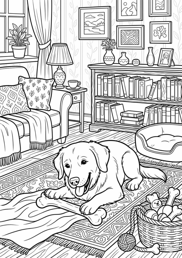 Hund kaut auf einem Knochen - Malvorlage