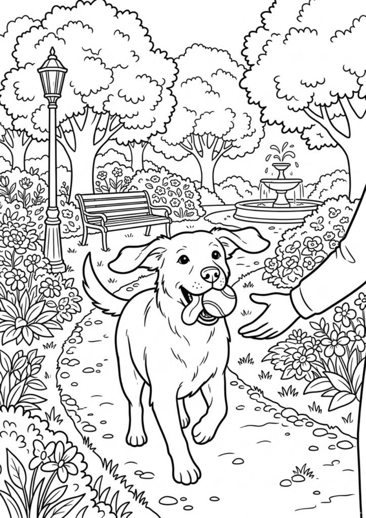 Hund holt Ball - Malvorlage zum Ausdrucken