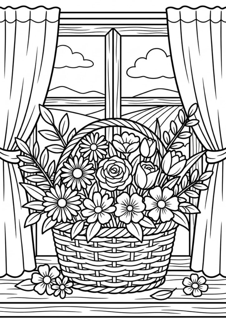 Blumenkorb - Ausmalbild kostenlos zum Ausdrucken
