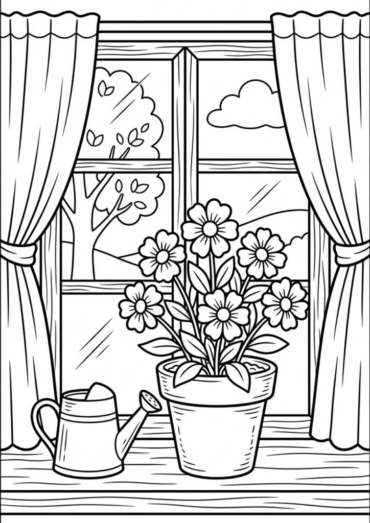 Blumen am Fenster - kostenloses Ausmalbild