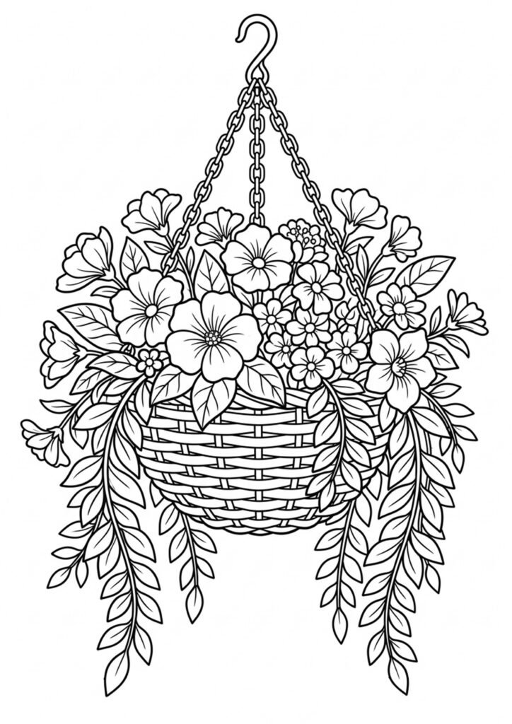 Hängender Blumenkorb - Malvorlage