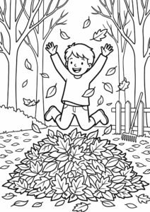 Kind, das im Laub herumspringt - Herbst Ausmalbild