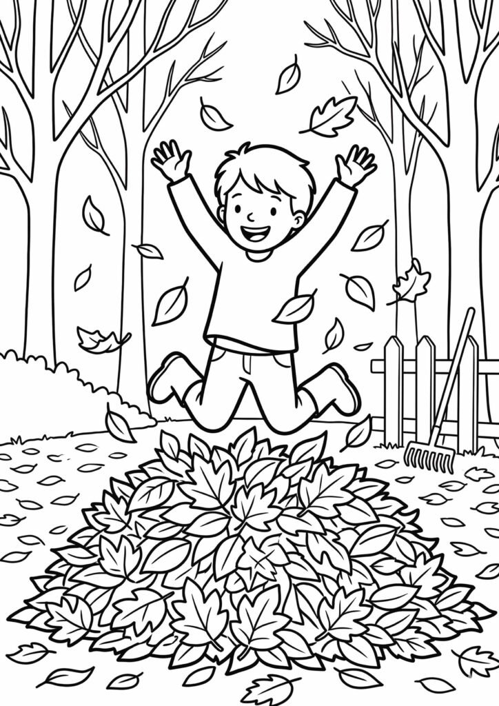 Kind, das im Laub herumspringt - Herbst Ausmalbild