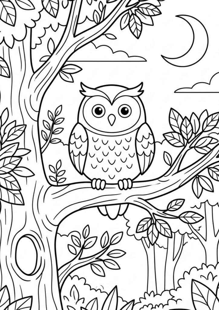 Eule bei Nacht - Vogel-Ausmalbild