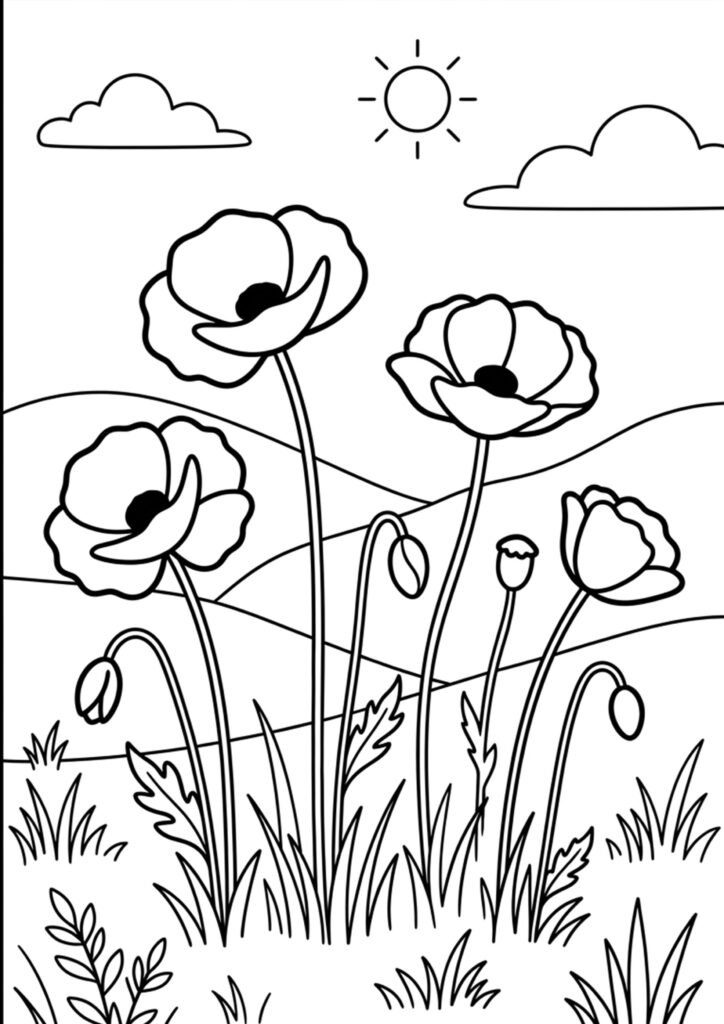 Mohnblumen auf der Wiese - Blumen-Ausmalbilder