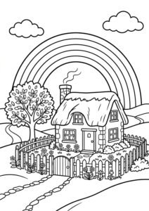 Regenbogen über dem Haus - Malvorlage