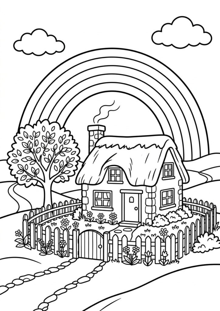 Regenbogen über dem Haus - Malvorlage