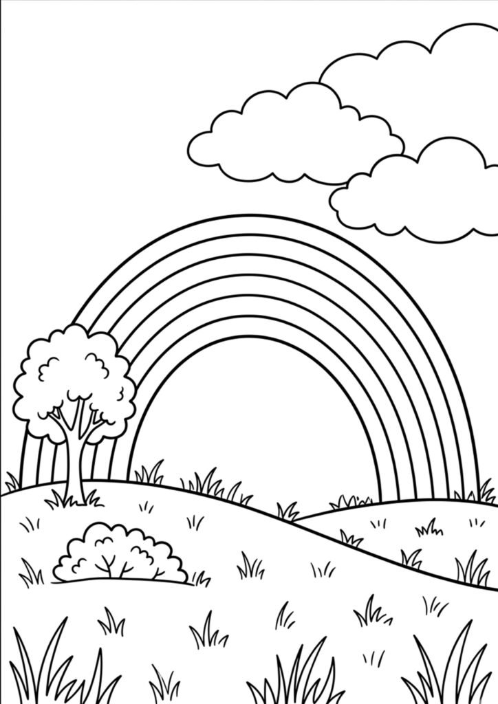 Regenbogen auf dem Hügel - kostenloses Ausmalbild zum Ausdrucken