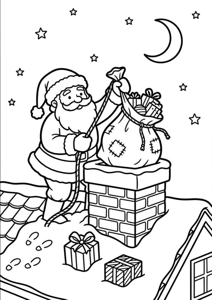 Der Weihnachtsmann verteilt Geschenke - Malvorlage
