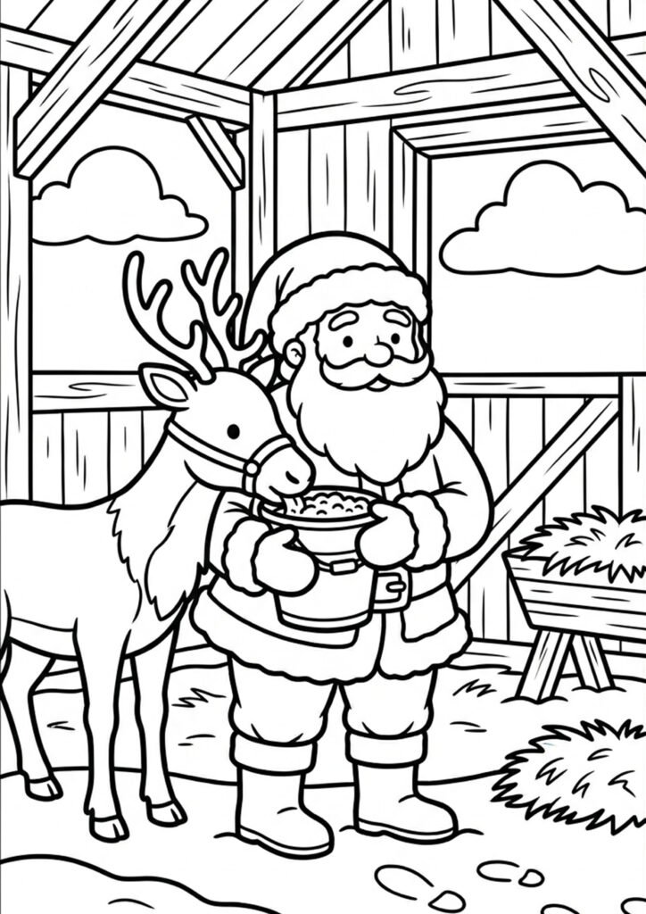 Weihnachtsmann füttert Rentiere - Malvorlage
