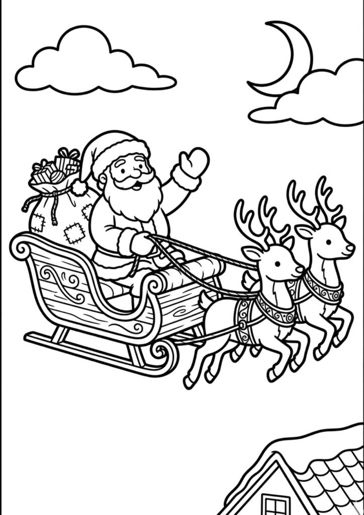Der Weihnachtsmann fliegt mit seinen Rentieren - Ausmalbild zum Ausdrucken
