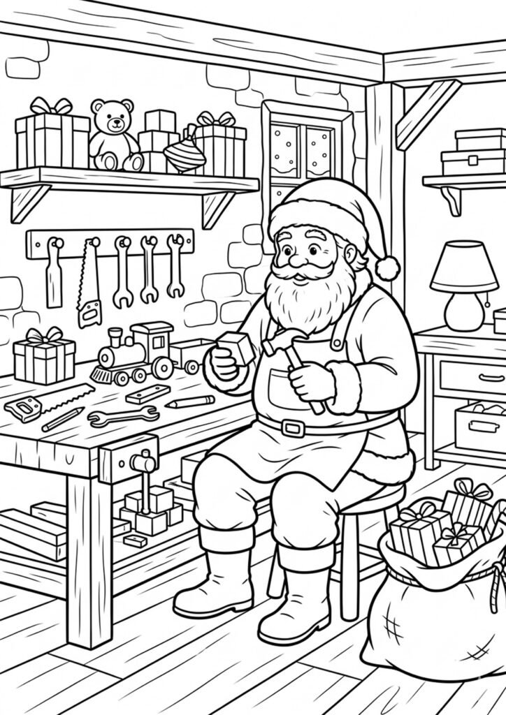 Der Weihnachtsmann in seiner Werkstatt - Ausmalbild